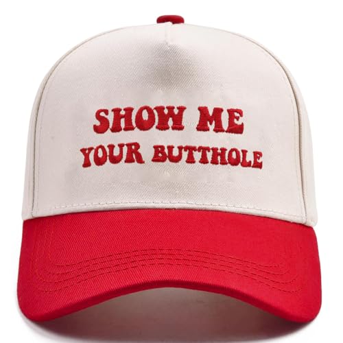 Funny Trucker Hats Embroidered Vintage Snapback Hat for Men Women Show Me Your Butthole Hat Gag Gifts Baseball Cap Red