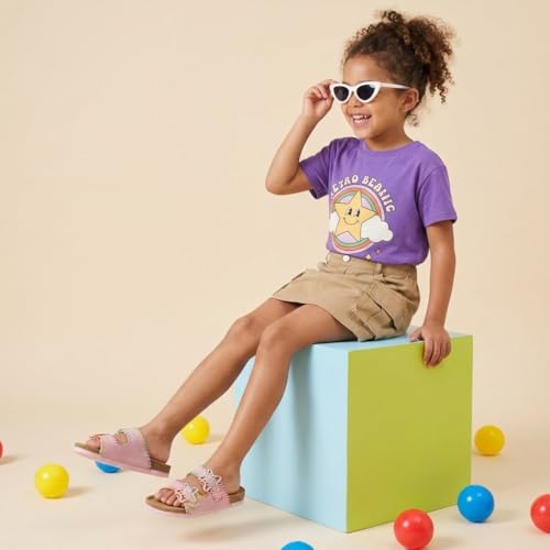 Image of CUSHIONAIRE Lily Girl Toddler Sandals with Adjustable Gold Tone Star Buckles and Cushioned Cork Footbed Slip On Girls Slides for Kids