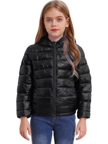 TiaoBug Chaqueta de Plumón Ultraligera para Niñas Abrigo Grueso Cálido con Capucha Cazadora Acolchado y Cremallera Chaquetas de Nieve Invierno Ropa Infantil 3-16 Años Negro 13-14 años