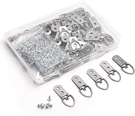 Mriuuod 50Pcs D Ring Picture Hangers Hardware, Heavy Duty D-Rings Picture Hanging Kit with Screws, Nickel Plated, Metal D-Rings Picture Frames Clasp for Wall Decor Mirror Art Gallery