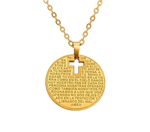 Only faith Collar Cruz para Mujer Acero Inoxidable colgante con Cruces collar 45 cm con Sobre o caja de regalo (Medalla Padre Nuestro Dorado)