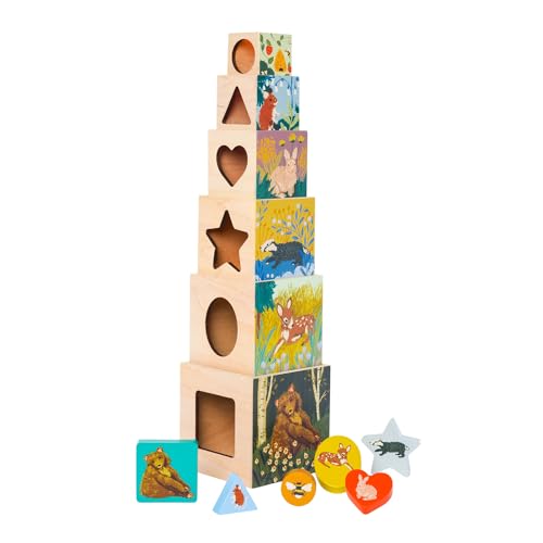 Image of Manhattan Toy Enchanted Forest 12-Piece Wooden Stacking Counting Sorting Toy Blocks with Solid Wood Cutout Shapes