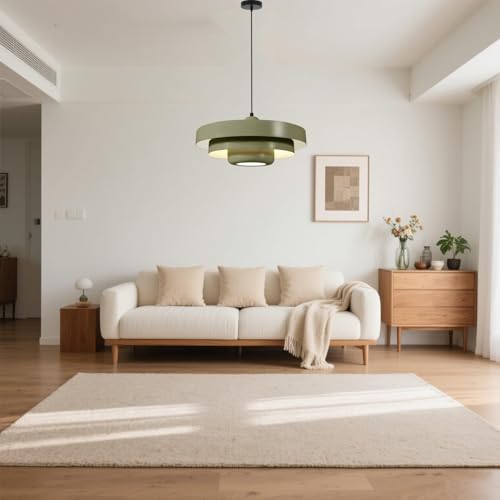 Image of Olive Green Large Pendant Light Fixture, 17.7 inch Vintage Industrial Adjustable Height Hanging Lamp for Farmhouse Cafe Bistro Kitchen Island Dining Room