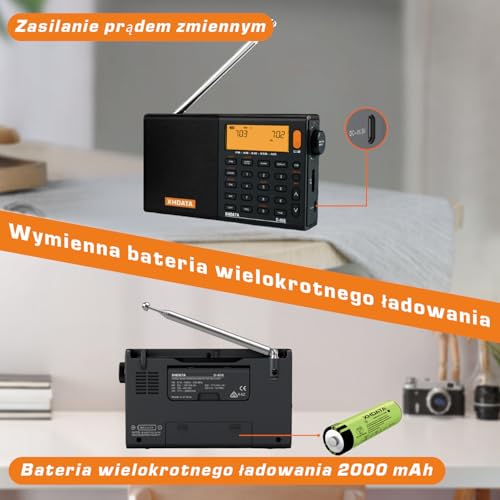 XHDATA D808 Przenośne radio cyfrowe, odbiornik krótkofalowy, FM Stereo/MW/SW/LW SSB Airwave World Receiver, RDS, zasilanie bateryjne, z anteną zewnętrzną (czarny)