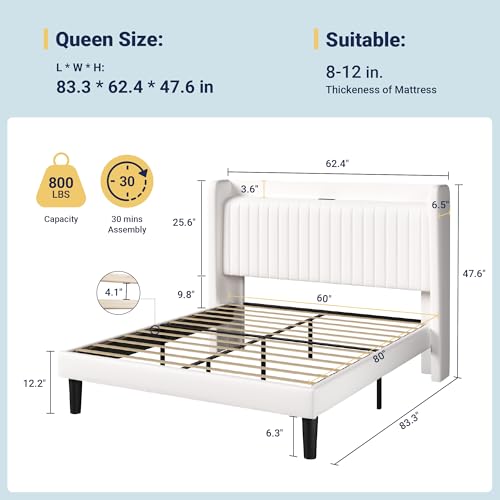 Image of Allewie Queen Size Platform Bed Frame with USB Charging Station and Storage Shelf /Upholstered Velvet Wingback Headboard /Wooden Slats Support /No Box Spring Needed /Easy Assembly, White