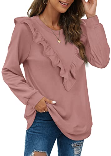Womens Sweaters Lightweight Casual Long Sleeve Ruffle Tops Plain Sweatshirts Pink S #TOP2