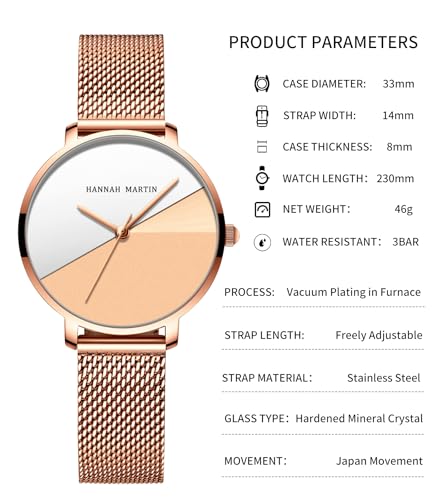 Image of HANNAH MARTIN Watches for Women Analog Women's Watch with Stainless Steel Expansion Band Minimalist Slim Dial 30M Waterproof Ladies Dress Wristwatch for Casual Daily Business