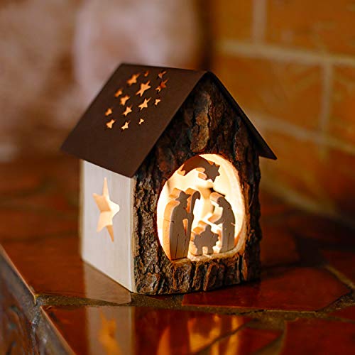 Forest Decor Wooden Tealight Candle Holder With Nativity Scene - Premium Wood Table Centerpiece - Handmade Tealight Holder - Perfect Christian Nativity Candle Gift Set - Rustic Christmas Décor #TOP5