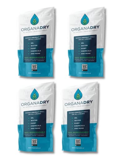 OrganaDry All Natural Liquid Absorbent | 100% Compostable | Silica Free | Industrial Automotive Oil Dry Cleanup Solution (1 lb Pouch) (Pack of 4)