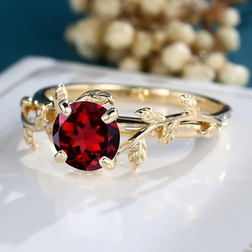 10K/14K/18K Solid Gold Vintage 1 Carat Round Gemstone Engagement Rings for Women Leaf Design Vine Art Deco Birthstone Promise Anniversary Ring for Her Wife Bridal Size 4~124