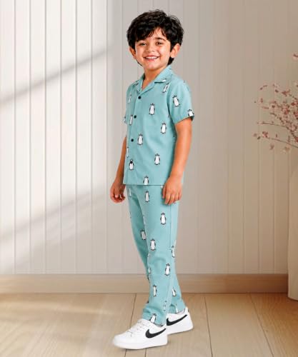 Image of 3BROS Unisex Pure Cotton Short Sleeve Kids Night Dress for Boys & Girls Nightwear /Sleepsuit /Sleepwear /Loungewear Night Suit for Boys and Girls Top and Pyjama Combo Set