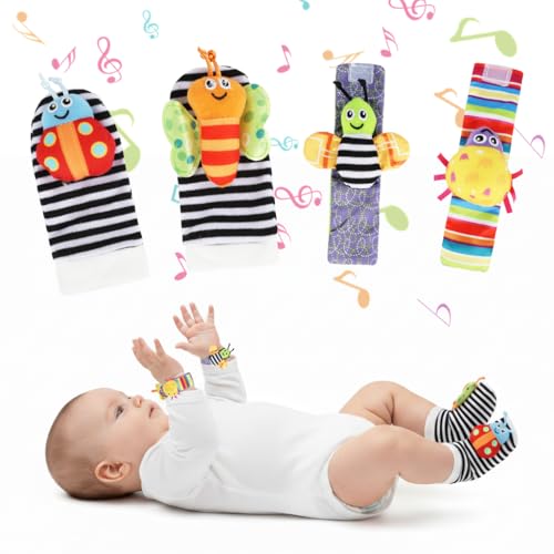 Image of SNOWIE SOFT Baby Socks Rattles and Wristband Rattle Set for Babies 0-6 Months, Cartoon Fun Cotton Socks with Cartoon Plush Rattle Toys Soft Sound Sensory Baby Toys for 6 to 12 Months