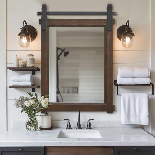 Besdomus Rustic Bathroom Wall Mirror: 22"x30" Brown Barn Door Solid Cedar Wood Frame Vanity Mirror - Farmhouse Decor for Hallway/Living Room/Bathroom Renovation - Wall Decor for Fashion-Conscious