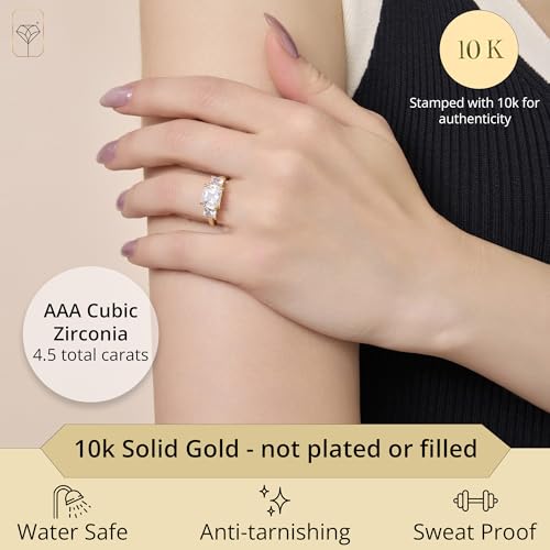 MAX + STONE 4 1/2 Carat Princess Cut Cubic Zirconia Three Stone Ring for Women in 10k White or Yellow Gold (4.5 ct.tw) Anniversary or Engagement Ring in CZ Size 4.5 to 92