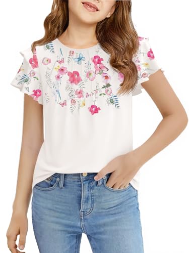 Image of Haloumoning Girls Pleated Ruffle Short Sleeve Shirts Kids Summer Crewneck T-Shirts Fashion Tops Tees 5-14 Years