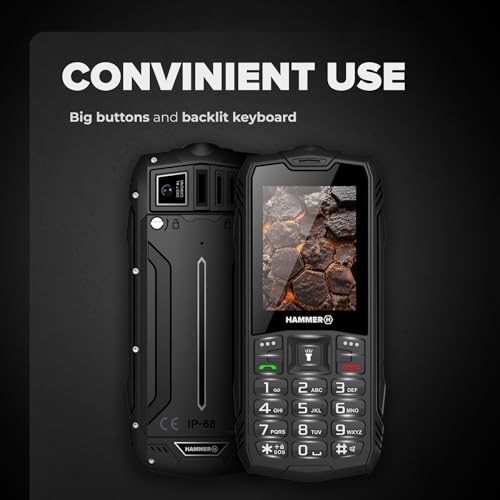 Hammer H Rock LTE Outdoor Handy ohne Vertrag, 3000mAh Akku, 64 GB, 2,4 IPS Display, große Tasten, SOS-Taste, Taschenlampe, FM-Radio, Bluetooth, USB-C, Dual SIM, IP68/MIL-STD-810H, Schwarz