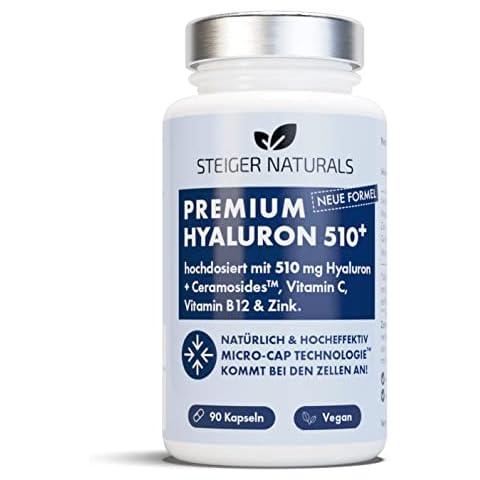 Hyaluronsäure Kapseln - Hochdosiert: 510 mg. 90 Stück (3 Monate). Mit Ceramiden und Vitamin C, B12, Zink. Hyaluron Kapseln mit 500-700 kDa und Vegan Cover