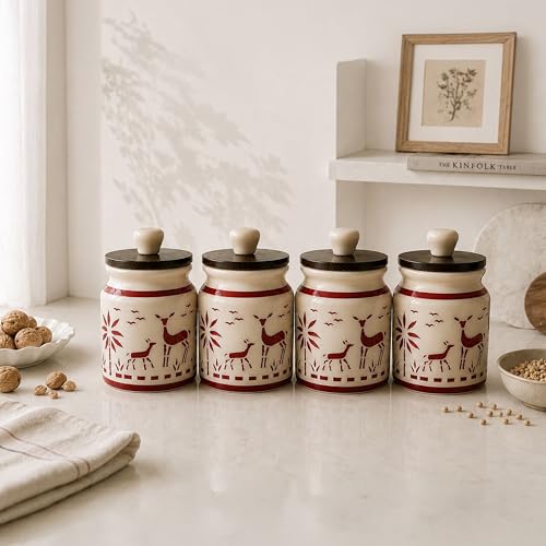 Image of Ceramic Kitchen Jars for Storage | Air Tight Containers with Wooden Lids | Masala, Salt, Pickle, Dry Fruits & Multi Utility Items Organiser Set (Hand-Painted, Red Deer, 450 ML, Pack of 4)
