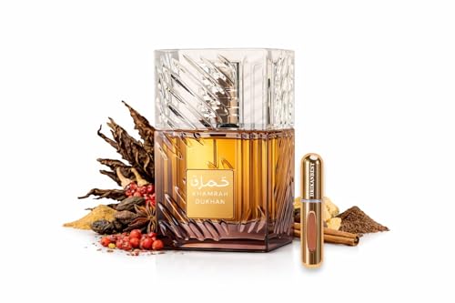 Khamrah Dukhan Eau de Parfum 100ml – Perfume Unisex Oriental Ahumado con Notas de Tabaco y Praliné – Fragancia Intensa de Larga Duración – Incluye Atomizador Recargable 5ml DRIKANBEST