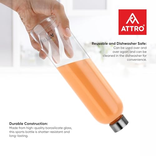 Image of ATTRO Glassox Cleara High Borosilicate Screw Glass Bottle with Stainless Steel Lid Leakproof - Ideal for Office, Travel, Home, Outdoor & Daily Use - Transparent - 1000ml-Set Of 2