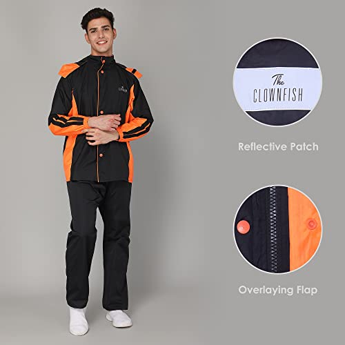 Image of THE CLOWNFISH Solomon Series Men's Waterproof Polyester Double Coating Reversible Raincoat with Hood and Reflector Logo at Back. Set of Top Bottom. Printed Plastic Pouch Rope