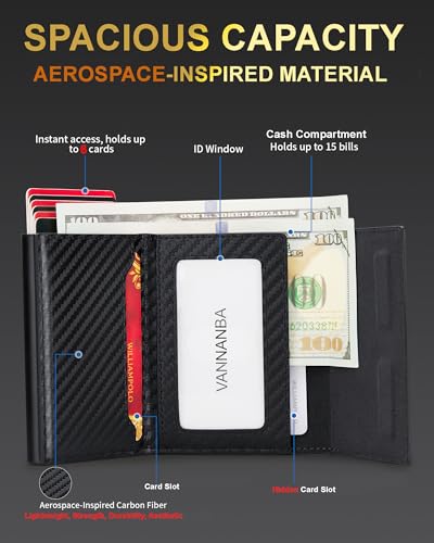 VANNANBA Mens Wallet Card Holder, Pop Up Aluminum Case Smart Wallet for Men RFID Blocking Trifold Slim Magnetic Closure, 9-13 Card Capacity | ID Window | Cash Slot — view 4