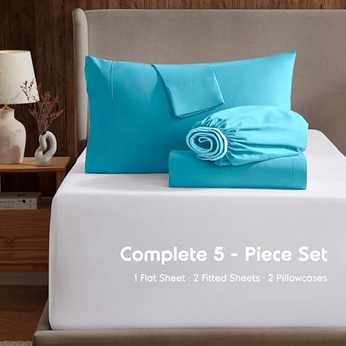 Image of Nestl Split King Bed Sheet Set - Bright Blue - 5-Piece Deep Pocket | Instantly Soft, Night-One Ready (No Wash Required). Fits 16-Inch Deep Pockets, 360-Degree Elastic Grip