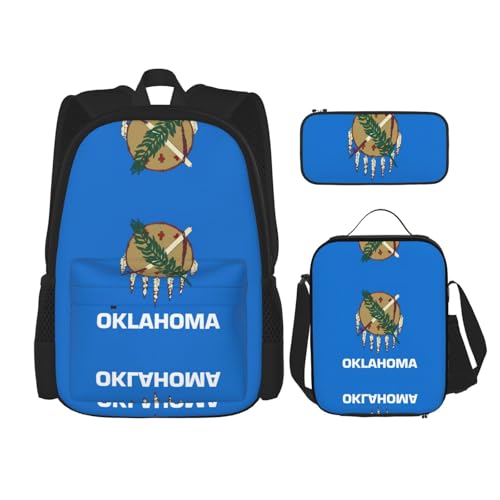 nanger Oklahoma State Flag Print 3-Piece Set Backpack, Lunch Bag And Pencil Case, For Travel, College, And Daily Use