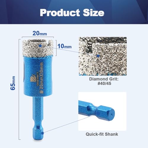 BRSCHNITT 20mm Diamond Core Drill Bit, 2pcs 4/5 Inch Hex Shank Dry Drilling Set for Porcelain Ceramic, Stone, Granite, Marble - Image 2