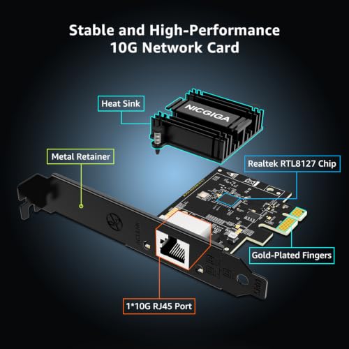 Image of NICGIGA 10Gb PCIe 4.0 x1 Network Card, Realtek RTL8127 Ethernet Adapter.