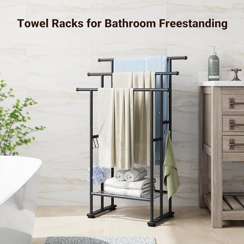 ELYKEN-3-Tier-Freestanding-Towel-Rack-with-Shelf-40-H-Towel-Stand-Black-Metal-Drying-Rack-for-Oversized-Bath-Towels-Blankets-4-Hooks-Indoor-Outdoor-Use-Fits-Bathroom-Tub-Shower-Poolside