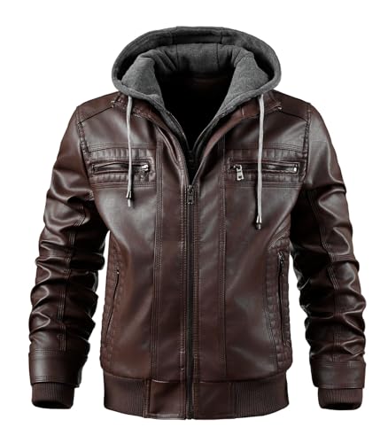 Image of INVACHI Men's Faux Leather Motorcycle Bomber Jacket with Removable Hood