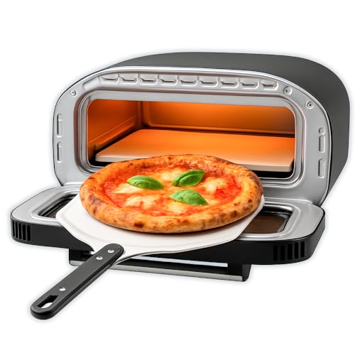 BEHOME Forno Pizza Elettrico, 430°C, Cuoce in 2 min, Pala e Pietra Refrattaria incluse, 8 Programmi di Cottura già impostati, Schermo Touch, per pizza napoletana, romana, americana