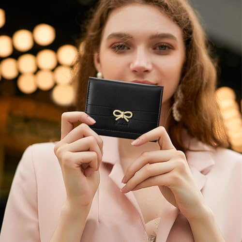Image of RNIEGA Small Wallets Girls Cute Coquette Bow Wallet Women Aesthetic Credit Card Holder with ID Window, Black
