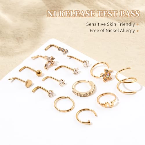 Bautidots 14pcs Nose Studs 20G 18G Nose Rings Stainless Steel Nose Hoop CZ L S Shaped Nose Piercing Nostril Piercing Jewelry for Women Men Silver Gold3