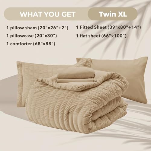 Image of HYMOKEGE Khaki Twin XL Comforter Set Seersucker 5 Pieces, All Season Luxury Bed in a Bag for Bedroom, Bedding Set with Comforter, Sheets, Pillowcase & Sham