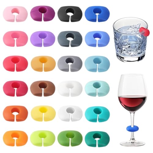 BOGCLEE 24 Pezzi Colorati Segnabicchieri in Silicone, Riutilizzabili Segnabicchieri per Calici, Identificatore Segna Calici da Vino per Feste, Champagne, Cocktail, Martini