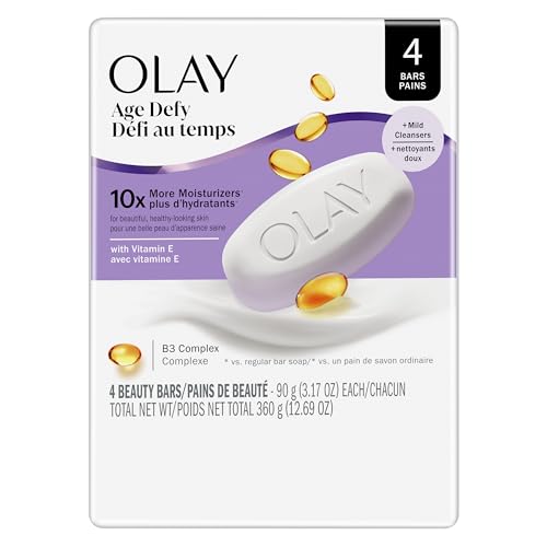 Olay Beauty Bar, Age Defying, 10x More Moisturizers, Smooth & Gentle on Skin, Vitamin E & Vitamin B3 Complex, For All Skin Types, Shea Butter Scent, 3.17 oz, (Pack of 4)