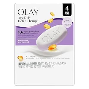 Olay Beauty Bar, Age Defying, 10x More Moisturizers, Smooth & Gentle on Skin, Vitamin E & Vitamin B3 Complex, For All Skin Types, Shea Butter Scent, 3.17 oz, (Pack of 4)