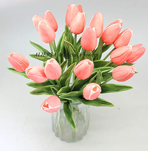 Aliersa 10-Heads Artificial Flowers Pu Mini Real Touch Tulip Bouquets (Gradient Coral) #TOP2