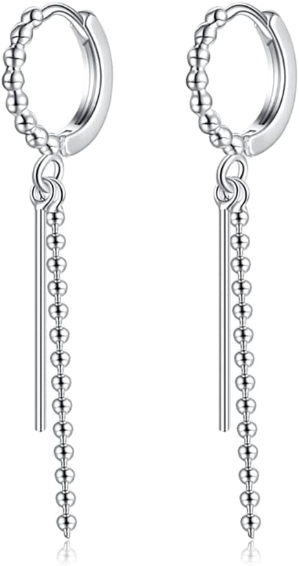 SLUYNZ 925 Sterling Silver Bead Ball Hoop Earrings for Women Teens Minimalist Bar Hoop Earrings Dangle