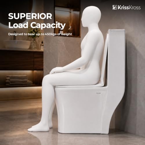 Image of KrissKross Siphonic Flush Western Commode, One Piece Floor Mounted Toilet with S-Trap | Rimless Ceramic WC with Soft Close Seat Cover | Powerful Flush Commode for Bathroom