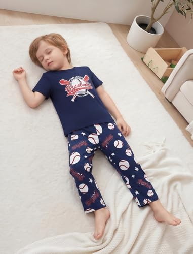 Mikrdoo Boys Summer Pajamas Loose Fit 3 Piece Stretchy Comfort Sleepwear Short Sleeve PJs, Navy Blue Baseball, Size 5T - 1