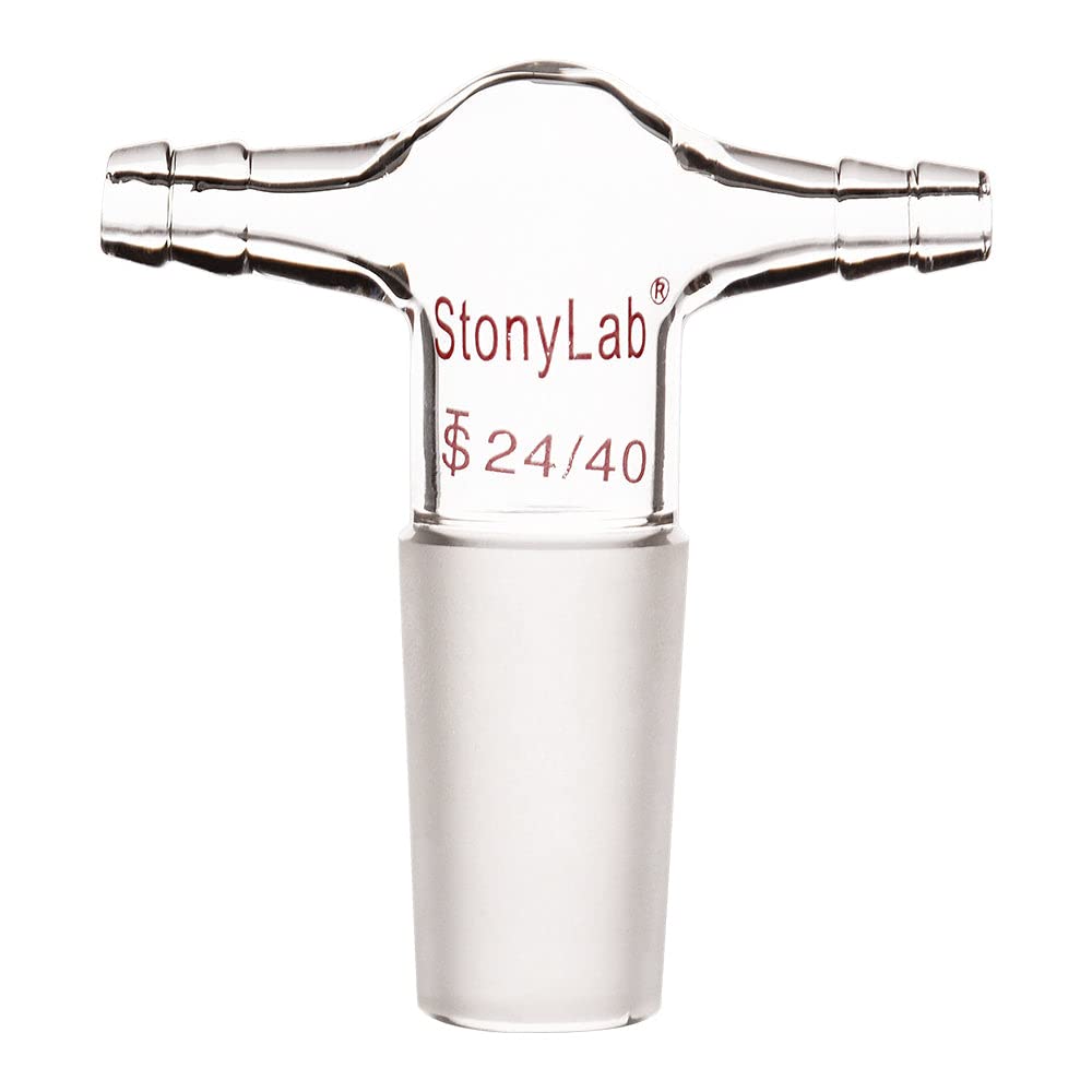 Stonylab 24/40 Glass Dual Hose Inlet Adapter, Borosilicate Glass T-Shape Vacuum/Inert Gas Adapter With Dual 3/8 Inch Hose Connections And Inner Joint