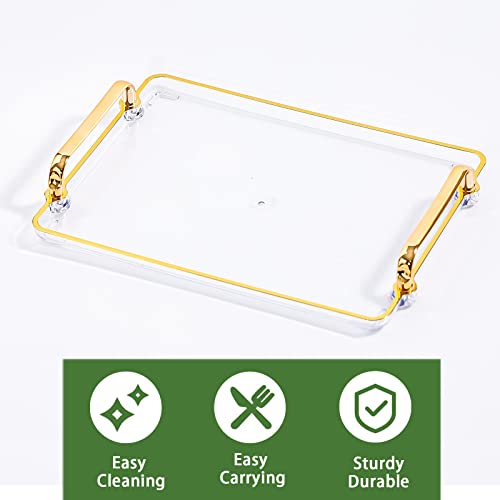 Iwangds Serving Tray With Gold Handles And Gold Rim Border, Plastic Rectangular Decorative Tray For Bar, Living Room, Bathroom, Kitchen | Tray Decor For Party, Coffee, Tea, Cupcake 16.14"X8.7"(Clear) #TOP5