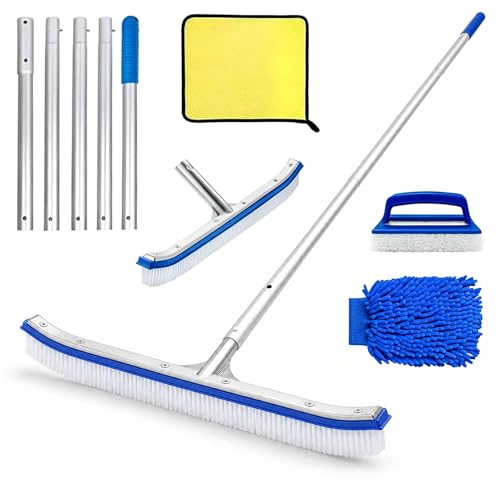 Forhandy Pool Bürsten Set Poolbürste mit Stiel 180cm Lang Poolbesen 45cm Breite Pool Reinigungsbürste mit Aluminiumstange Längenverstellbarer für Pool Reinigung mit Reinigungstuch und Waschhandschuh