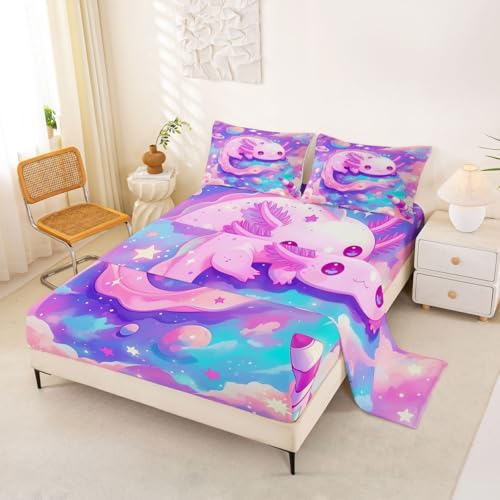 Image of jejeloiu Cute Axolotl Bed Sheets Sets King Size Kids Boys Girls Galaxy Planet Space Bedding Set Cartoon Animal Bed Sheet Set with 16-Inch Deep Pockets Pink Dreamy Starry 4Pcs with 2 Pillow Cases