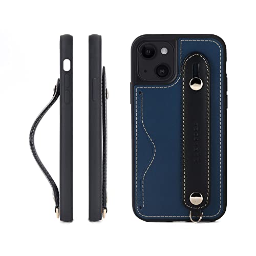 iPhone13 mini ケース 本革 グリップケース レザー ストラップ付属 イタリア製牛革 ヌメ革 片手操作 カード収納 スタンド機能 メンズ レディース ブルー/ブラック CGH-13Mini-Blue-BK