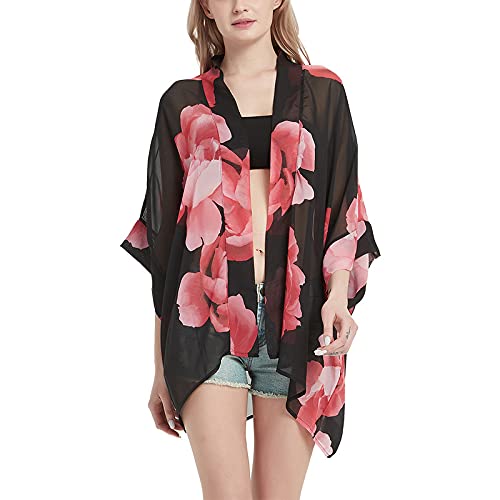 Women's Boho Floral Print Kimono Bikini Cover Up Sheer Chiffon Loose Cardigan Blouse Wrap