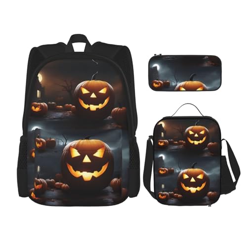 Halloween Pumpkin Print 3 Piece Backpack Set, Laptop Daypack, Lightweight Bookbag Set With Lunch Bag Pencil Case